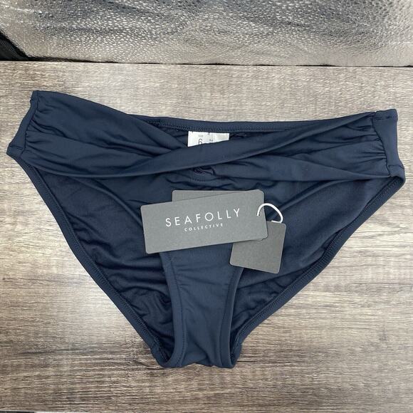 SEAFOLLY Collective Size 6 Swimsuit Bottom Twist Band Hipster Navy Blue Bikini - Picture 2 of 5